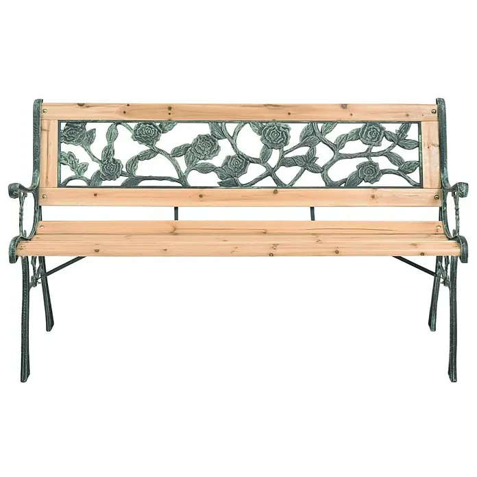 Furnicato Gartenbank Holz Schmiedeeisen - B x T x H: 122 x 51 x 73 cm, Braun - Gartenbank mit hellen Holzlatten und dunkelgrünem Gusseisenrahmen mit Rosenmuster.