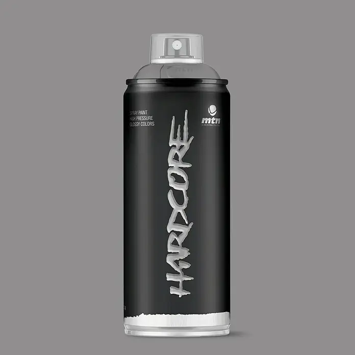 mtn Pintura decorativa en spray Hardcore - Gris oscuro, Brillante, 400 ml - Un aerosol de pintura Montana Colors Hardcore en negro con letras plateadas. Ideal para arte callejero y proyectos artísticos.