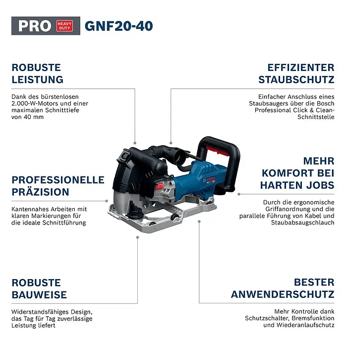 Bosch Professional Mauernutfräse GNF20-40 - 2.000 W, Durchmesser Scheibe: 150 mm - Blauer und schwarzer Bosch GNF20-40 Mauerschlitzer für professionelles Nutenschneiden.