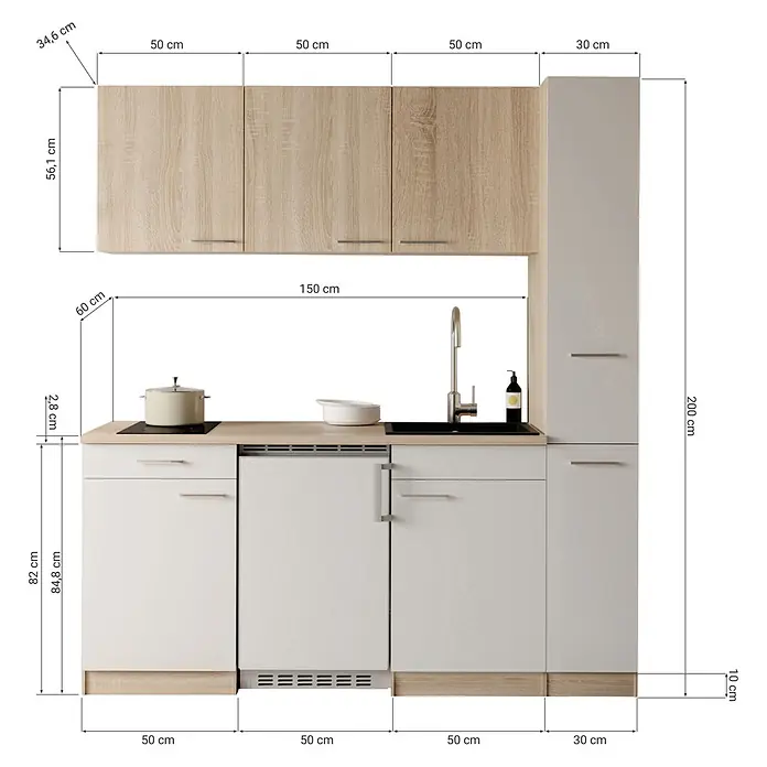 Respekta Küchenzeile Ingrid - Breite: 180 cm, Schwarz, Mit Kochfeld + Kühlschrank - Kompakte Küchenzeile mit hellen Holz- und weißen Schränken, integriertem Kochfeld, Spüle und Kühlschrank. 180 cm breit, 200 cm hoch.