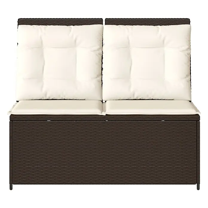 Furnicato Gartenbank Poly-Rattan - B x T x H: 108 x 110 x 95 cm, Braun und Cremeweiß - Dunkelbraune geflochtene Gartenbank für zwei Personen mit cremefarbenen Kissen und integriertem Stauraum.