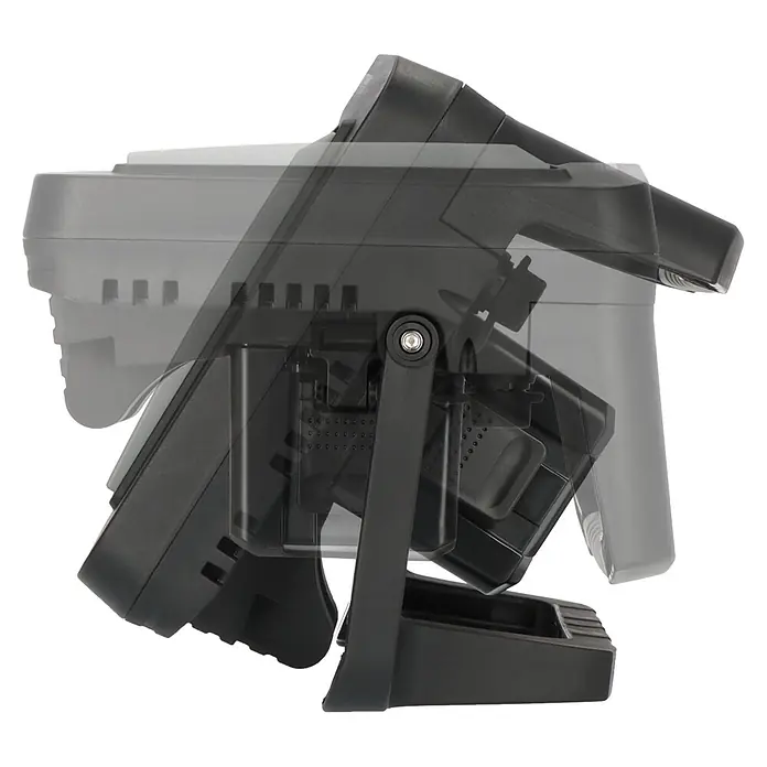 Brennenstuhl Mobiler LED-Strahler Multi Battery Hybridstrahler - L x B x H: 17,7 x 35,4 x 25,8 cm, IP55 - Schwarzes Elektronikgerät mit verstellbarem Ständer, in mehreren Positionen gezeigt.