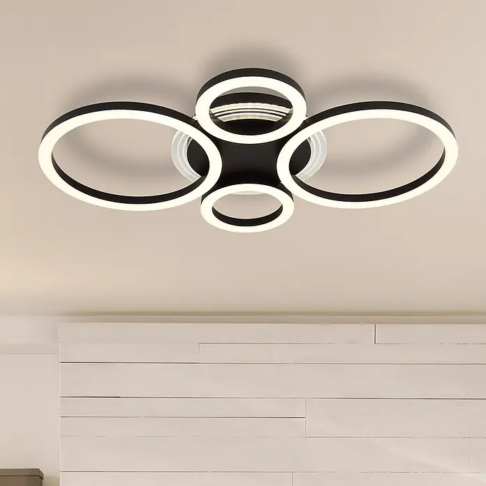 Globo LED-Deckenleuchte Loretta - 50 W, L x B x H: 530 x 355 x 61 mm - Moderne schwarze Deckenleuchte mit fünf beleuchteten Ringen, an der Decke montiert.