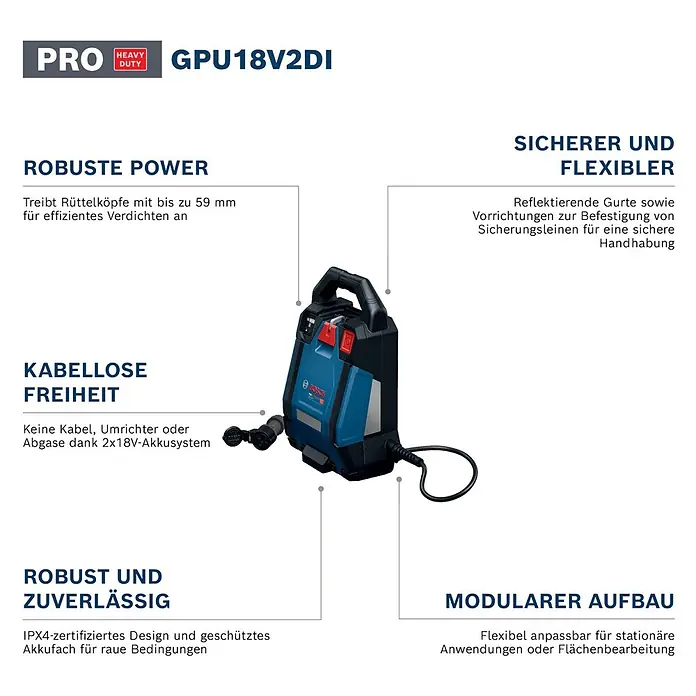 Bosch Professional AMPShare 18V Akku-Antriebseinheit Akku-Betonrüttler-System GPU 18V2DI - 18 V, Anzahl Akkus: Ohne Akku, Anzahl benötigte Akkus: 2 Stk. - Blau-schwarzes Bosch GPU18V2DI Power-Aggregat, ein robustes, kabelloses Gerät für effizientes Verdichten mit modularem Aufbau.