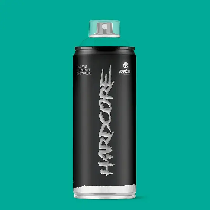 mtn Pintura decorativa en spray Hardcore - Verde UFO, Brillante, 400 ml - Primer plano de una lata de aerosol Montana Hardcore en negro y plata con tapa turquesa.