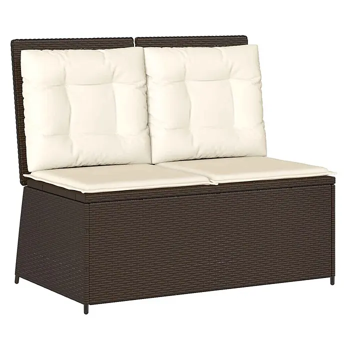 Furnicato Gartenbank Poly-Rattan - B x T x H: 108 x 110 x 95 cm, Braun und Cremeweiß - Braunes Rattan-Gartenbank mit Stauraum und zwei cremefarbenen Sitz- und Rückenkissen.