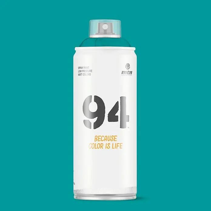 mtn Pintura decorativa en spray 94 - Turquesa, Mate, 400 ml - Primer plano de un spray MTN 94, conocido por su baja presión y colores mate. Ideal para graffiti y proyectos artísticos.