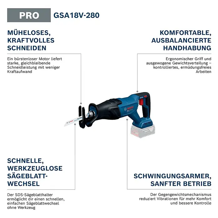 Bosch Professional AMPShare 18V Akku-Säbelsäge GSA18V-280 - 18 V, Ohne Akku, Leerlaufhubzahl: 0 /min - 3.100 /min, Inkl. L-Boxx - Eine blaue Bosch GSA18V-280 Akku-Säbelsäge mit Sägeblatt, die ihre leistungsstarken, komfortablen und benutzerfreundlichen Eigenschaften hervorhebt.