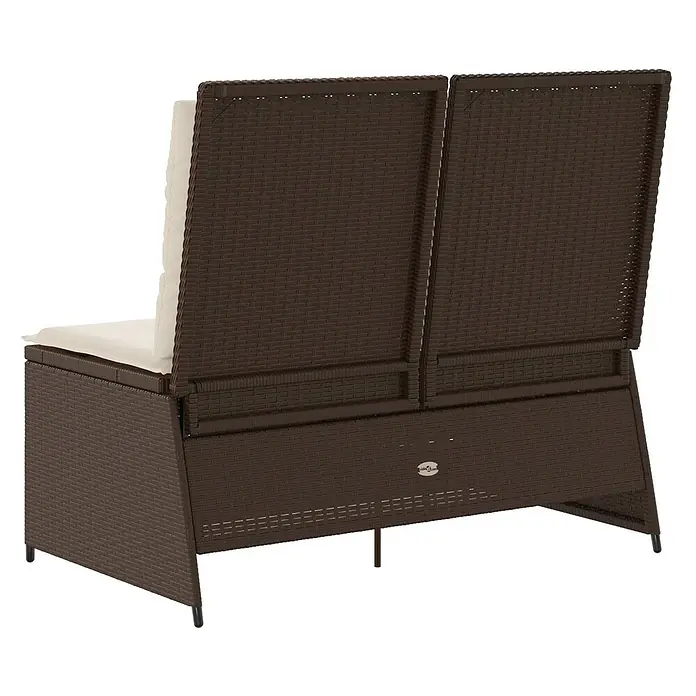 Furnicato Gartenbank Poly-Rattan - B x T x H: 108 x 110 x 95 cm, Braun und Cremeweiß - Braunes Rattan-Gartensofa mit cremefarbenen Kissen, von hinten gesehen.