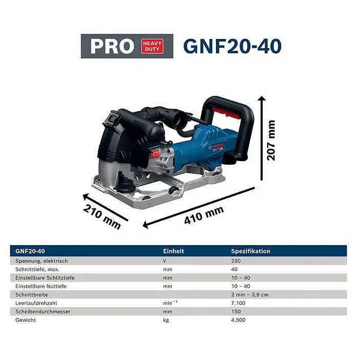 Bosch Professional Mauernutfräse GNF20-40 - 2.000 W, Durchmesser Scheibe: 150 mm - Blauer und schwarzer Bosch GNF20-40 Hochleistungs-Mauernutfräser, der sein kompaktes Design und wichtige Maße zeigt.