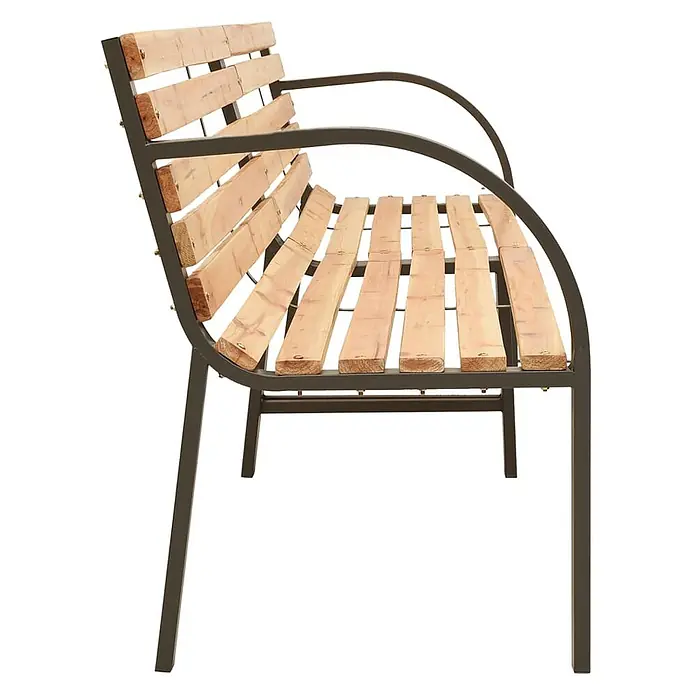 Furnicato Gartenbank Tannen-Massivholz - B x T x H: 225 x 54 x 73 cm, Braun - Eine Gartenbank mit Naturholzlatten und dunklem Metallrahmen, von der Seite gesehen.