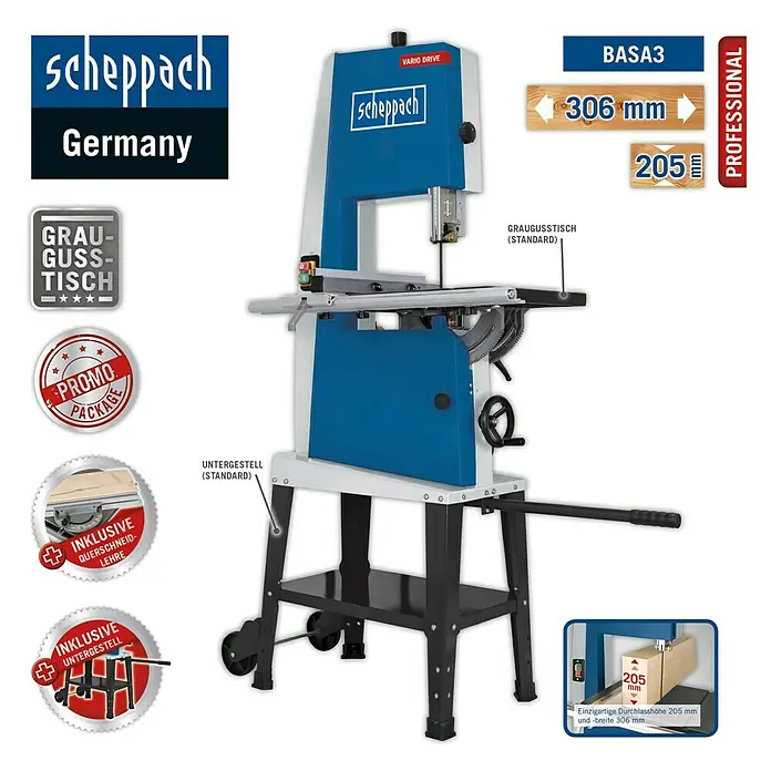 Scheppach Bandsäge BASA3 - 800 W, Durchlasshöhe: 205 mm, Durchlassbreite: 306 mm - Das Bild zeigt eine Scheppach BASA3 Bandsäge, eine professionelle Maschine für präzise Holzarbeiten.