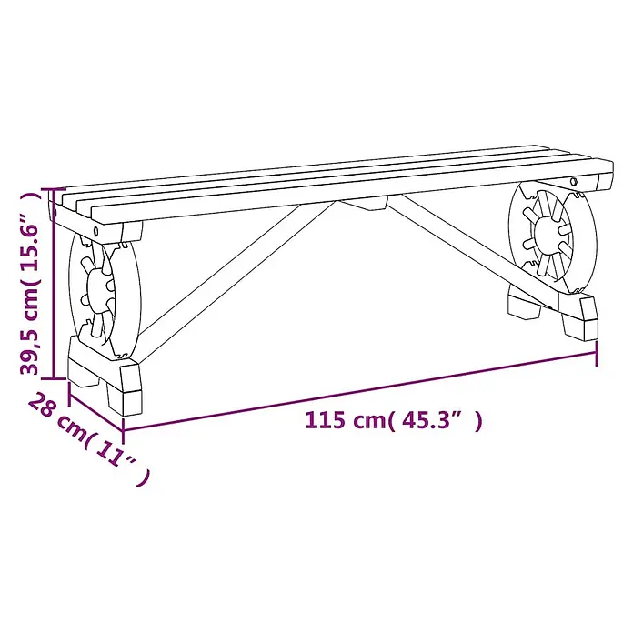 Furnicato Gartenbank Tannen-Massivholz gebrannt - B x T x H: 115 x 28 x 39,5 cm, Dunkelbraun - Holzgartenbank mit Latten-Sitzfläche und dekorativen Wagenrad-Beinen. Maße: 115 cm L x 28 cm B x 39,5 cm H.