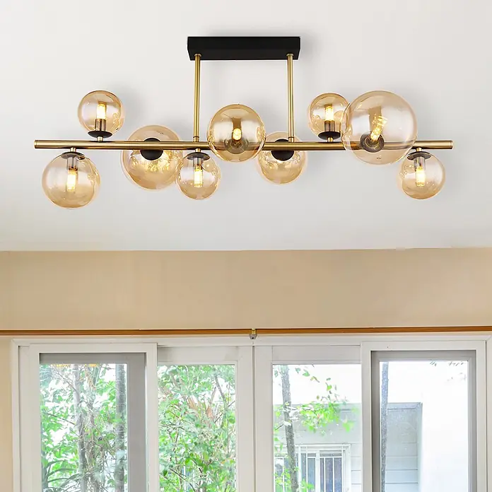 Globo Riha LED-Deckenleuchte - 3,5 W, L x B x H: 87 x 28 x 37 cm, Warmweiß - Moderne Deckenleuchte mit schwarzem Sockel, goldenen Stangen und bernsteinfarbenen Glaskugeln.