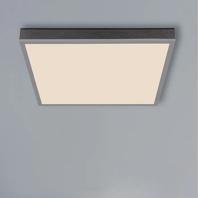 Globo LED-Panel Doro - 24 W, L x B x H: 450 x 450 x 75 mm, Warmweiß - Rechteckige LED-Deckenleuchte mit dunklem Holzdekorrahmen und warmweiß leuchtender Fläche.