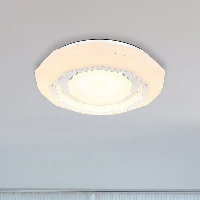 Globo LED-Deckenleuchte rund Hokki - 24 W, Ø x H: 40 x 8,5 cm - Moderne achteckige weiße LED-Deckenleuchte mit subtilem geometrischem Muster.