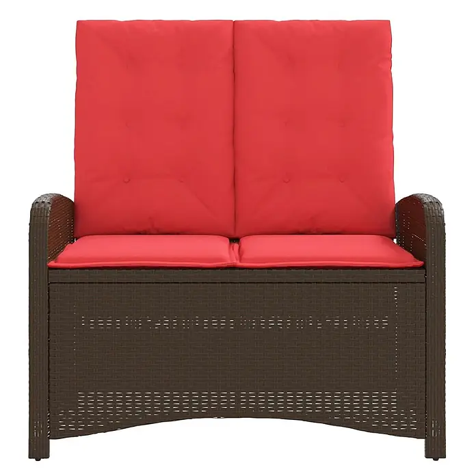 Furnicato Gartenbank PE-Rattan - B x T x H: 105 x 86 x 83 cm, Braun - Dunkelbraune Rattan-Zweisitzer-Gartenbank mit roten Kissen.