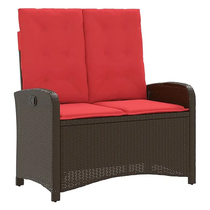 Furnicato Gartenbank PE-Rattan - B x T x H: 105 x 86 x 83 cm, Braun - Dunkelbraune Polyrattan 2-Sitzer Outdoor-Aufbewahrungsbank mit roten Kissen.