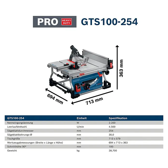 Bosch Professional Tischkreissäge GTS100-254 - 2.200 W, Durchmesser Sägeblatt: 254 mm, Schnitttiefe bei 90 °: 100 mm - Bosch GTS100-254 Profi-Tischkreissäge in Blau-Silber, mit Maßen und Spezifikationstabelle.