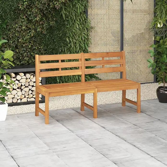 Furnicato Gartenbank Teak-Hartholz lackiert - B x T x H: 150 x 59 x 90 cm, Braun - Hellbraune Holz-Zweisitzer Gartenbank auf einer Terrasse.