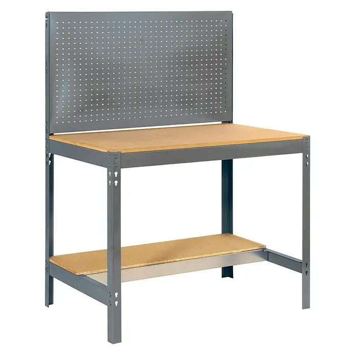 Simonrack Juego de banco de trabajo BT2 121 con estantería Chipboard Ecoforte - Metal, 2 pzs. - Banco de trabajo robusto con panel perforado para herramientas y una estantería adicional para más espacio de almacenamiento en el taller.