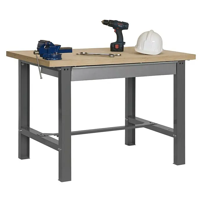 Simonrack Simonwork Werkbank BT6L MDF 1BOX - L x B: 75 x 150 cm, Arbeitshöhe: 86,5 cm, Belastbarkeit: 635 kg, Grau - Werkbank mit Schraubstock, Bohrmaschine, Schraubenschlüssel und Schutzhelm für Handwerker und Heimwerker.\n