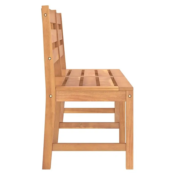 Furnicato Gartenbank Teak-Hartholz lackiert - B x T x H: 150 x 59 x 90 cm, Braun - Seitenansicht einer hellbraunen Holzbank mit Lattenrostsitz und Rückenlehne.