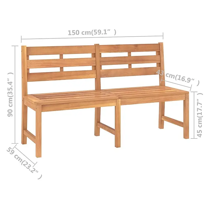 Furnicato Gartenbank Teak-Hartholz lackiert - B x T x H: 150 x 59 x 90 cm, Braun - Zweisitzer Gartenbank aus hellem Akazienholz mit Rückenlehne, Maße eingezeichnet.