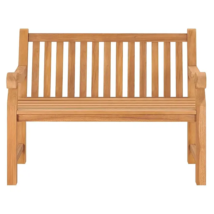 Furnicato Gartenbank Teak-Hartholz - B x T x H: 114 x 69 x 92 cm, Braun - Eine hellbraune Gartenbank aus Holz mit Lattenrückenlehne, Sitzfläche und geschwungenen Armlehnen.