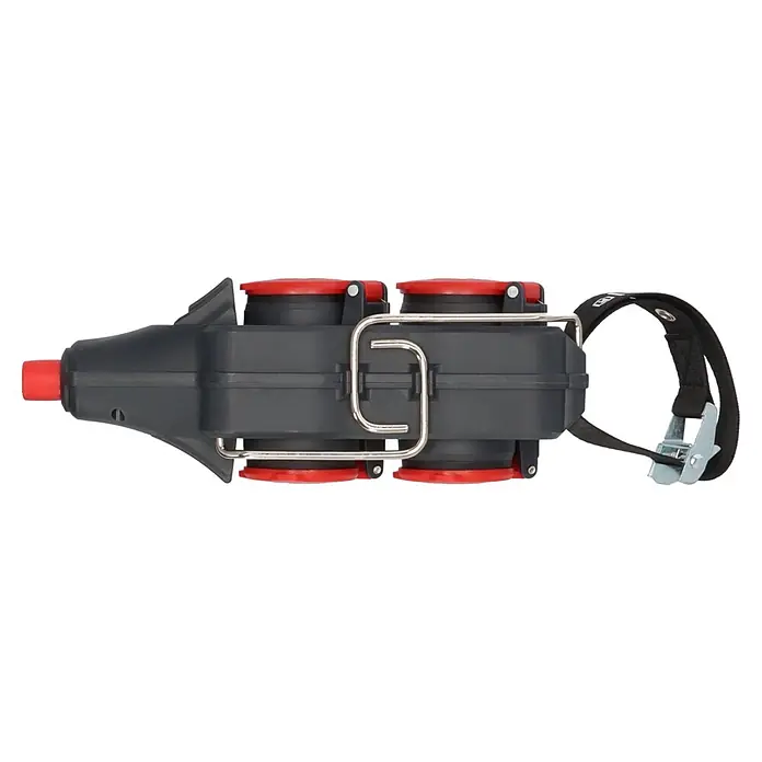 Brennenstuhl Verlängerungskabel mit 4-fach Powerblock - 15 mm, Schwarz, IP44, H07RN-F - Dunkelgrauer Sprüher/Spender mit roten Düsen, silbernem Metallgriff und schwarzem Riemen mit Schnalle.