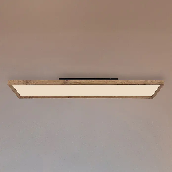 Globo LED-Panel Cinderella - 36 W - Rechteckige Deckenleuchte mit Holzrahmen und weißem Diffusor, an einer Decke montiert.