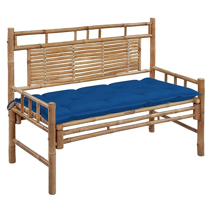 Furnicato Gartenbank - B x T x H: 55 x 120 x 90 cm, Blau - Gartenbank aus Bambus mit einem leuchtend blauen Kissen.