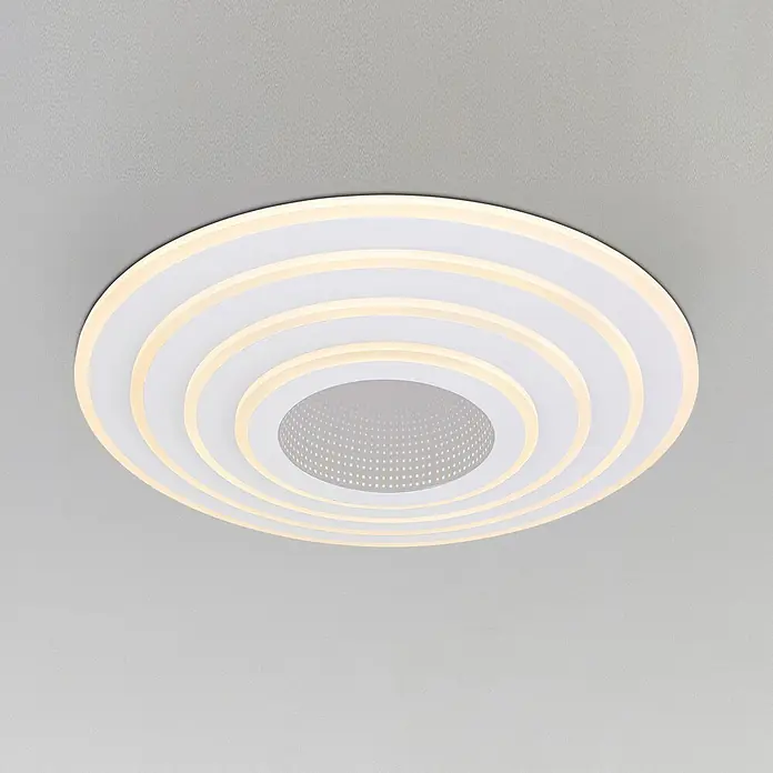 Globo LED-Deckenleuchte rund Jocelyn - Ø x H: 40 x 7 cm, Weiß - Weiße runde LED-Deckenleuchte mit konzentrischen Ringen und perforiertem Zentrum, die warmes Licht abstrahlt.