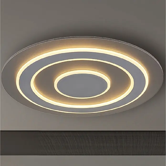 Globo LED-Deckenleuchte rund Jayden - 50 W, Ø x H: 60 x 4,6 cm, Warmweiß - Moderne runde LED-Deckenleuchte mit leuchtenden konzentrischen Ringen, die einen Raum von oben beleuchtet. Grau-silbernes Design mit warmweißem Licht.