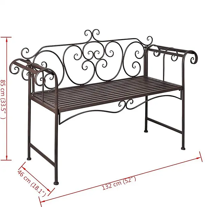 Furnicato Gartenbank Metall Antikes Braun - B x T x H: 46 x 132 x 85 cm, Braun - Dunkelbraune schmiedeeiserne Gartenbank mit verschnörkeltem Rücken und Armlehnen sowie Lattenrostsitz. Maße inklusive.