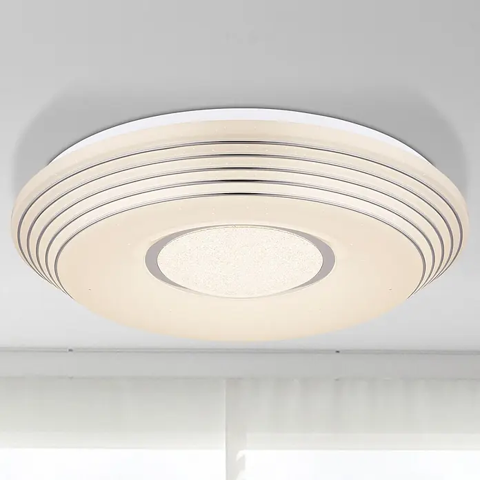 Globo LED-Deckenleuchte rund Pillo - 40 W, Ø x H: 50 x 8,5 cm, Weiß - Runde weiße Deckenleuchte mit mattem Diffusor, konzentrischen Ringen und funkelndem Mittelteil.
