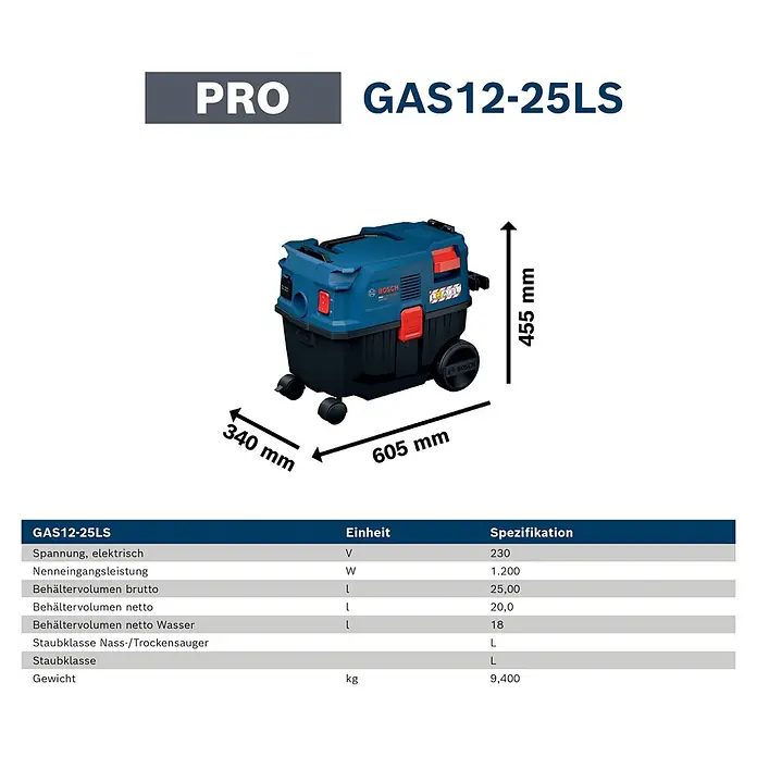 Bosch Professional Elektro-Nass- & Trockensauger GAS12-25LS - 1.200 W, Behältervolumen: 25 l, Halbautomatisch - Blauer und schwarzer Bosch GAS12-25LS Industriesauger für Nass- und Trockenanwendungen mit Rollen; Maße: 605x340x455 mm.