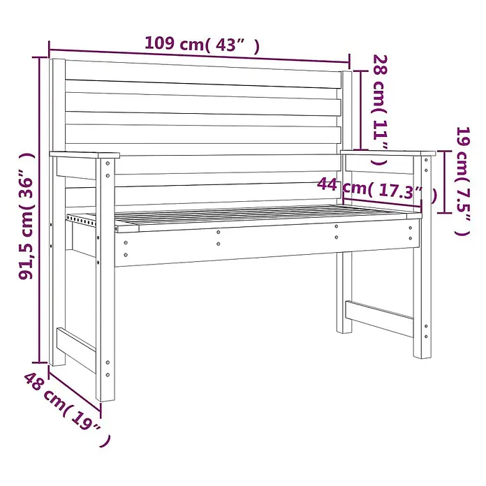 Furnicato Gartenbank Douglasien-Massivholz - B x T x H: 109 x 48 x 91,5 cm, Natürliches Douglasie - Strichzeichnung einer Holzgartenbank mit Lattenrückenlehne und Sitzfläche.