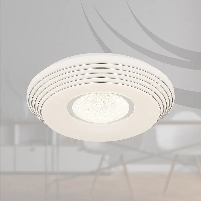 Globo LED-Deckenleuchte rund Pillo - Ø x H: 39 x 7 cm, Farbe Gehäuse: Wei, Kaltweiß - Moderne runde LED-Deckenleuchte mit weißem Diffusor, zentralem Glitzereffekt und verchromten Ringen.