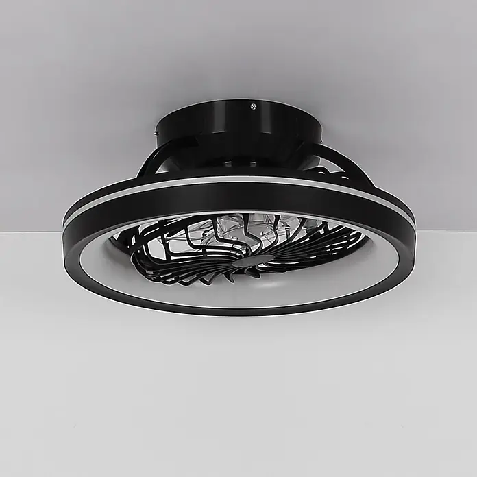 Globo Deckenventilator Deanne - 40 W, Durchmesser: 480 mm - Schwarzer runder Deckenventilator mit integriertem LED-Licht, weißem Innenring und Käfiggebläse.