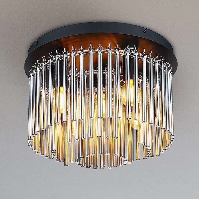 Globo Deckenleuchte rund Gorley - Ø x H: 32 x 23 cm, Schwarz, E14 - Moderne Deckenleuchte mit schwarzem Sockel und kaskadierenden verchromten Glasstäben, die warmes Licht abstrahlen.