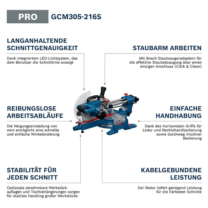 Bosch Professional Kapp- & Gehrungssäge GCM305-216S - 1.300 W, Durchmesser Sägeblatt: 216 mm, Leerlaufdrehzahl: 4.320 U/min - 5.280 U/min - Eine blau-schwarze Bosch GCM305-216S Kappsäge, ein leistungsstarkes und präzises Schneidewerkzeug für die Holzbearbeitung.
