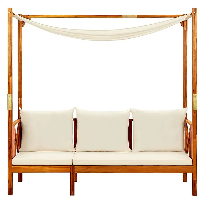Furnicato Gartenbank - Creme - Braunes Garten-Tagesbett aus Holz mit cremefarbenen Kissen und leichtem Stoffdach.