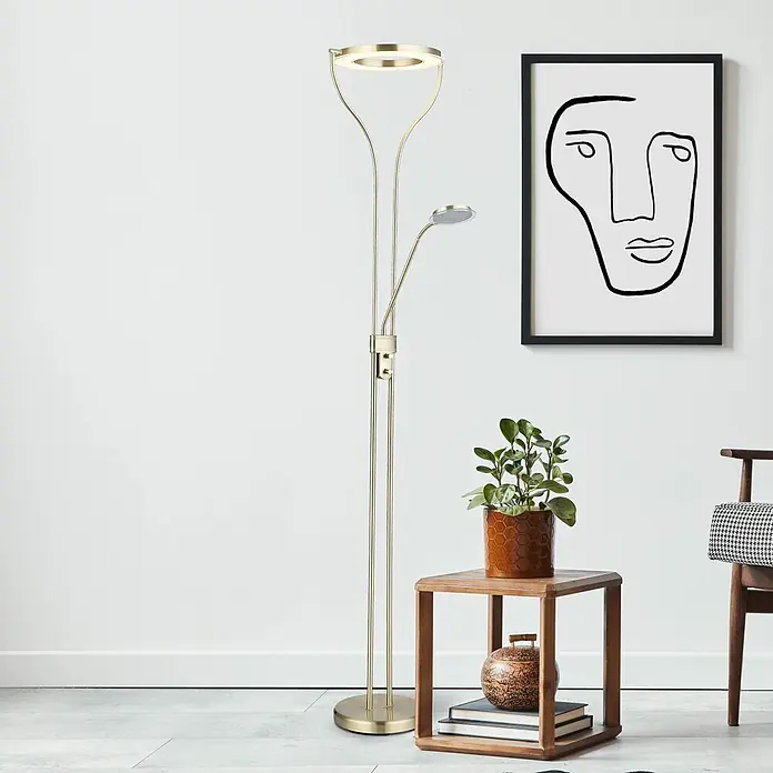 Globo LED-Deckenfluter Ebro - 20 W, Höhe: 1.940 mm, Warmweiß - Goldene Stehlampe mit Deckenfluter und verstellbarer Leselampe.