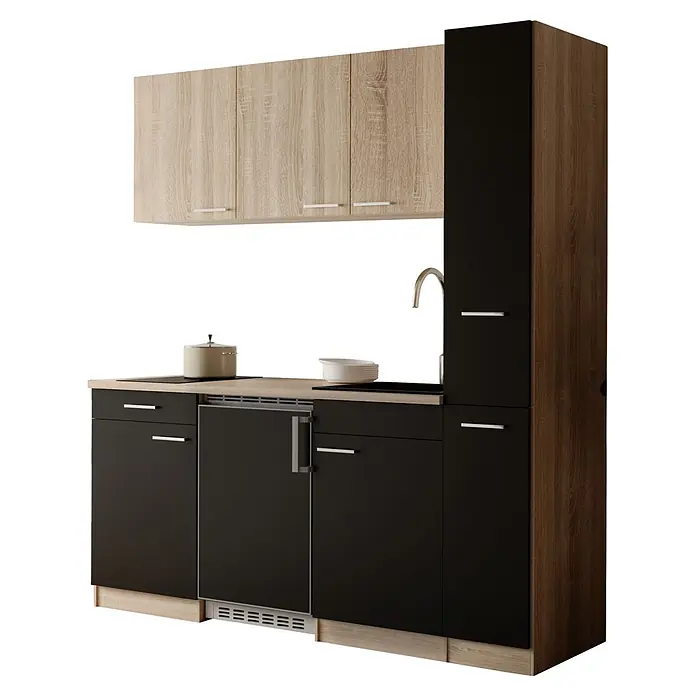 Respekta Küchenzeile Ingrid - Breite: 180 cm, Schwarz, Mit Kochfeld + Kühlschrank - Moderne Küchenzeile mit hellen Holz-Oberschränken, schwarzen Unterschränken und einem hohen dunklen Holzschrank.
