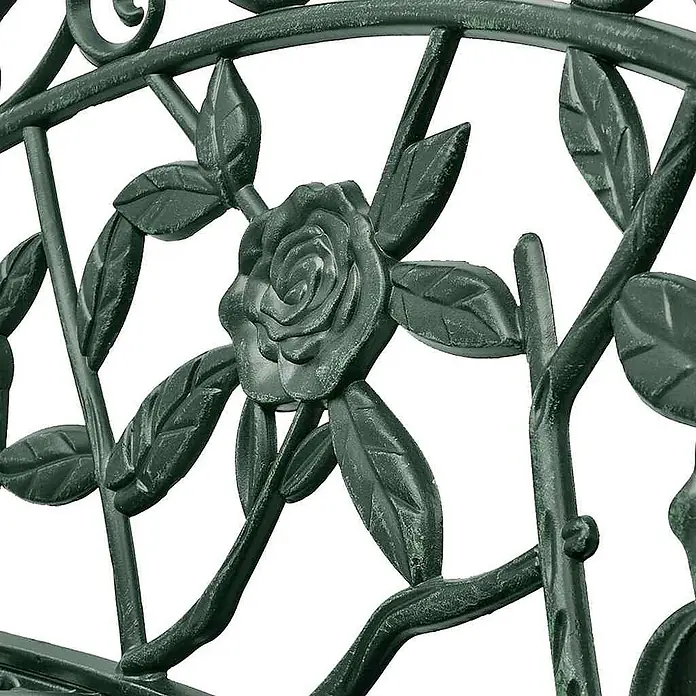 Furnicato Gartenbank - Grün - Dunkelgrünes Metallornament mit Rose und Blättern, ideal für Gartenmöbel oder Dekoration.