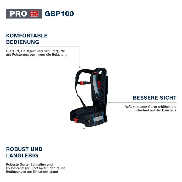 Bosch Professional Tragesystem Akku-Betonrüttler-System GBP100 - 335 x 139 x 540 mm - Schwarzes und blaues Schwerlastgeschirr mit gepolsterten und reflektierenden Gurten für komfortablen und sicheren Einsatz.