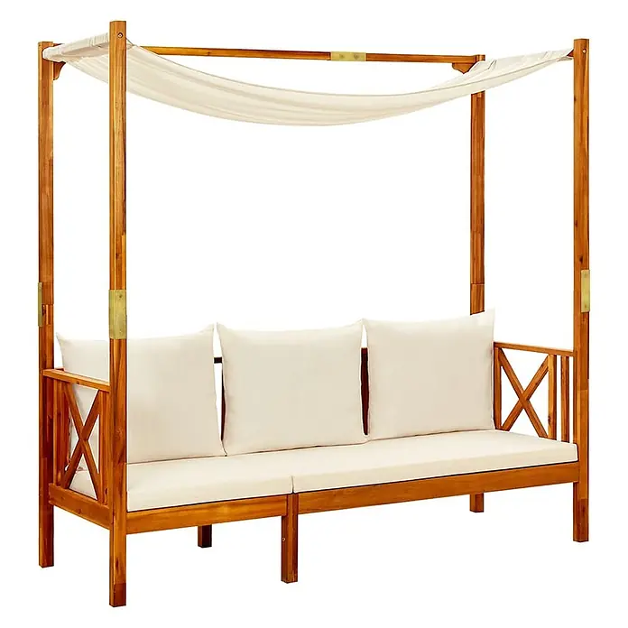 Furnicato Gartenbank - Creme - Hölzernes Gartensofa mit Baldachin und cremefarbenen Kissen.