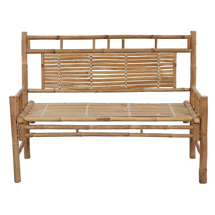 Furnicato Gartenbank - Rotes Karomuster - Naturfarbene Bambusbank mit Lattenrostsitz und Rückenlehne, ideal zum Sitzen.
