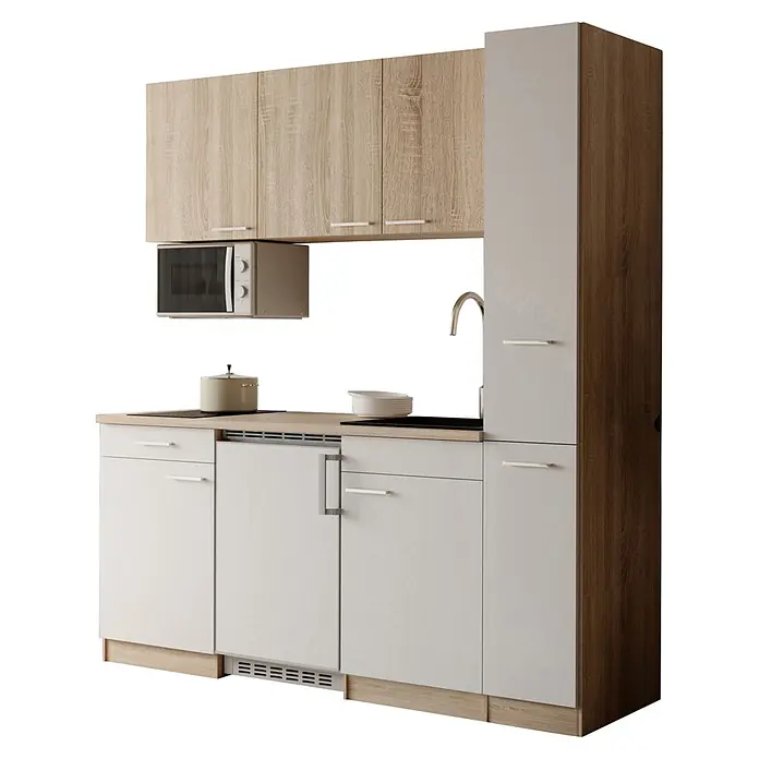 Respekta Küchenzeile Ingrid - Breite: 180 cm, Weiß, Mit Kochfeld + Kühlschrank + Mikrowelle - Kompakte Küchenzeile mit hellen Holz- und beigen Schränken, integrierter Mikrowelle, Spüle und Kochfeld.